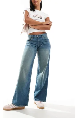 Motel – Jeans in Vintage-Blaugrün mit niedrigem Bund und geradem Schnitt