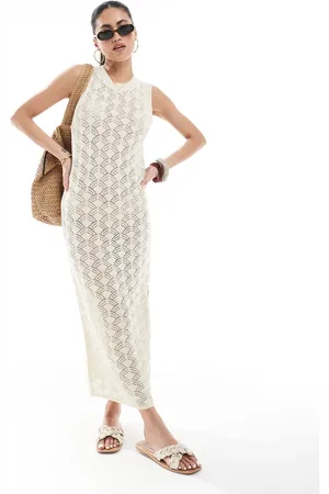 VERO MODA – Midikleid aus Häkelstrick in Cremeweiß