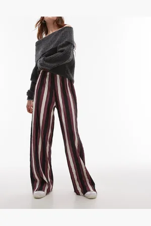 Topshop – Weit geschnittene Plissee-Hose in gestreiftem Burgunderrot