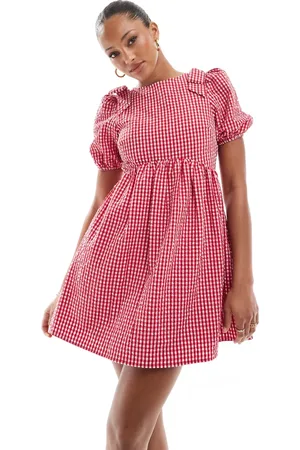 The Frolic – Exclusive – Mini-Hängerkleid in mit Vichykaro, Schleifen an den Schultern, Puffärmeln und Schleife hinten
