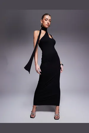 ASOS – Asymmetrisches Midikleid in mit gebundenem Neckholder und Schlitzdetail an der Schulter