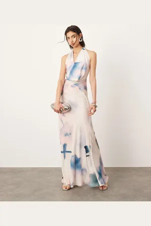 ASOS – Transparentes Statement-Maxikleid mit Wasserfallausschnitt und verschwommenem Blumenmuster