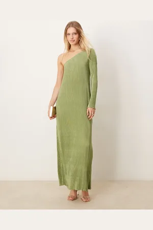 VILA – Plissiertes One-Shoulder-Maxikleid in Salbeigrün mit langen Ärmeln