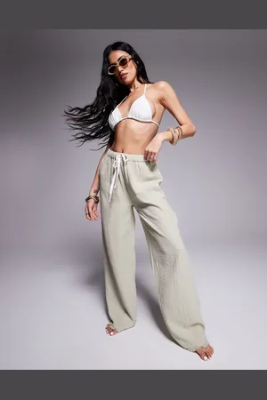 ASOS – Callie – Beach-Hose aus Musselin in verwaschenem Salbeigrün mit Fransen