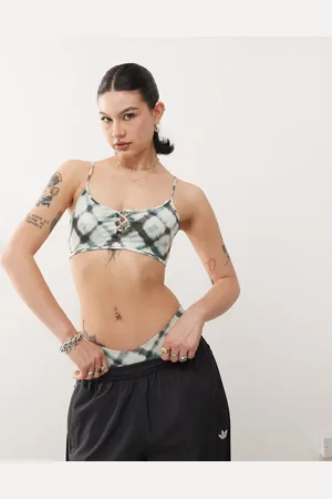 Monki – Mix and Match – Bikinioberteil mit U-Ausschnitt, geschnürter Vorderseite und verschwommenem Karomuster
