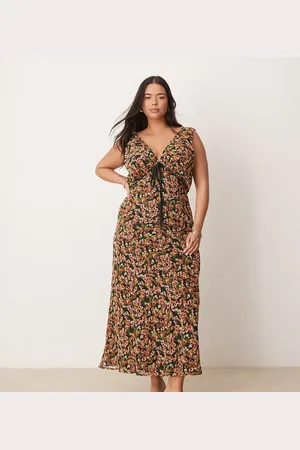 ASOS ASOS DESIGN Curve – Trägerkleid mit Blumenmuster, V-Ausschnitt und Bindedetail unter der Brust