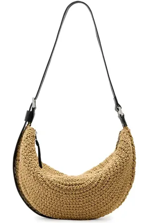 AllSaints – Halbmondförmige Schultertasche in Strohoptik in Naturbraun