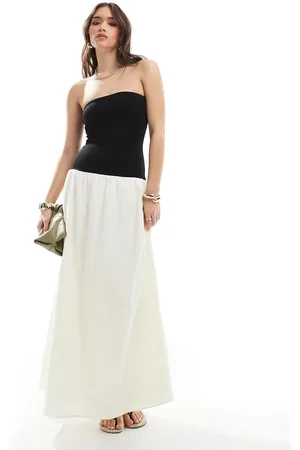 4th & Reckless – Trägerloses Maxikleid mit tief angesetzter Taille und Kontrast-Design in und Cremeweiß