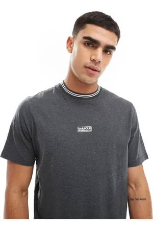 Barbour – T-Shirt in Dunkelgrau mit mittigem Logo und Zierstreifen