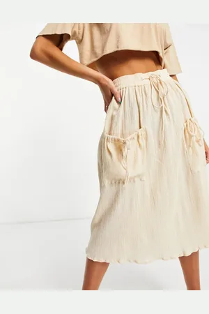 ASOS – Midirock in Creme mit Kordelzug in der Taille und natürlichem Knittereffekt