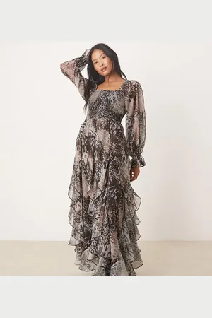 Miss Selfridge – Maxikleid mit Rüschensaum und Tierfellmuster