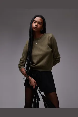 MANGO – Pullover in Khaki mit Rundhalsausschnitt und Schulterpolstern
