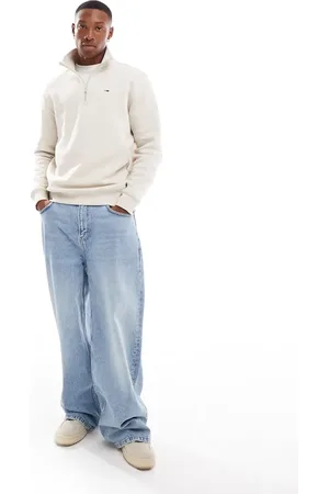Tommy Hilfiger – Fleece-Sweatshirt in Wollweiß mit kurzem Reißverschluss und Stehkragen