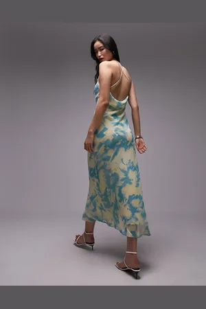 Topshop – Midi-Trägerkleid zum Reinschlüpfen aus Georgette-Stoff mit grünem Muster