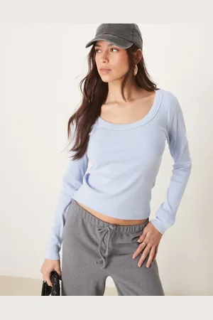 Abercrombie & Fitch – Langärmliges, geripptes Oberteil in Hellblau mit U-Ausschnitt
