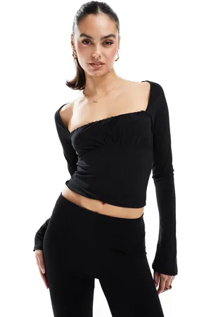 Pull&Bear – Langärmliges, gerafftes Netzstoff-Oberteil in