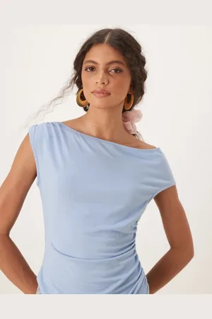 ASOS – Schulterfreies Korsett-Oberteil in Babyblau mit geraffter Taille