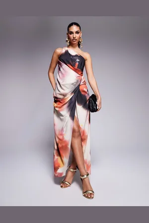 ASOS – Drapiertes Midaxi-Kleid mit One-Shoulder-Träger, Schlitz und abstraktem Blumenmuster