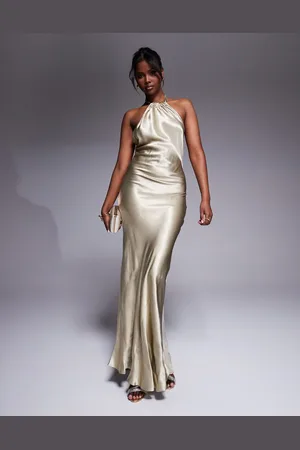 River Island – Träger-Maxikleid in Gold mit Neckholder