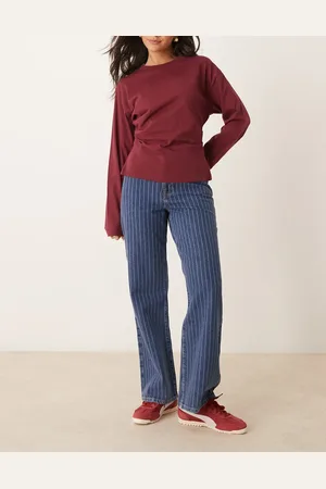 New Look – Adalae – Jeans in Mittelblau mit Streifen und weitem Bein
