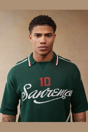 ASOS – Entspanntes, kastiges Strick-Poloshirt in Dunkelgrün mit Sportmuster