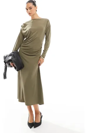 French Connection – Anschmiegsames Midikleid aus Jersey in Khaki mit Schlitzausschnitt