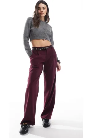 Bershka – Elegante Hose in Burgunderrot mit weitem Schnitt und Taillenschnürung