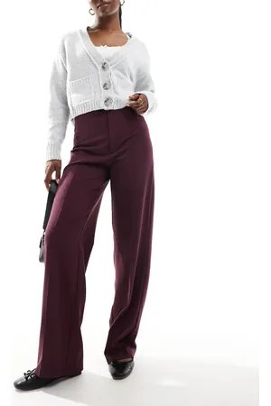 Pull&Bear – Elegante Hose in Burgunderrot mit hohem Bund und weitem Bein