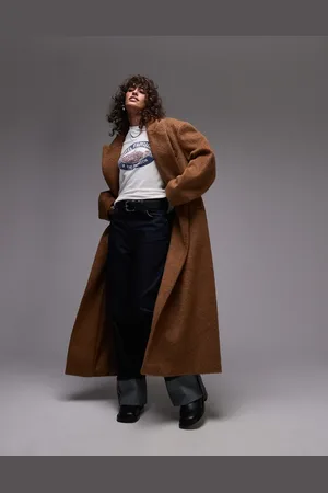 Topshop – Angerauter Longline-Mantel in Camel mit Druckknöpfen