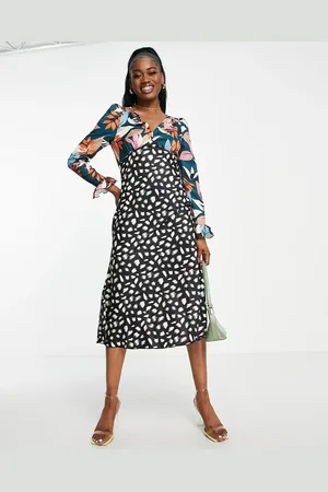 Little Mistress – Tief ausgeschnittenes Midi-Freizeitkleid mit Blumenpatchwork- und Punktemuster