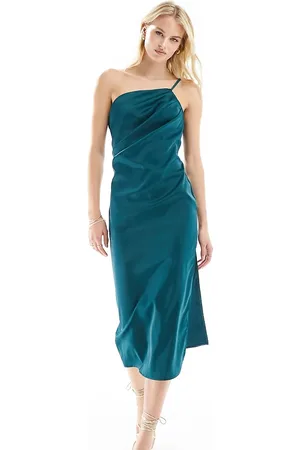 In The Style – Satin-Midikleid in Smaragdgrün mit dünnem One-Shoulder-Träger