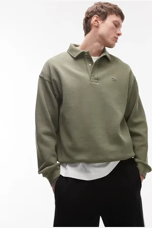 Lacoste – Oversize-Sweatshirt in Khaki mit geknöpftem Polo-Ausschnitt