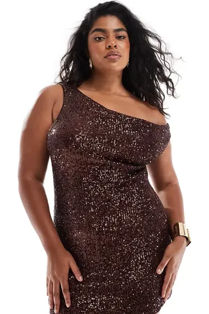 ASOS ASOS DESIGN Curve – Asymmetrisches, schulterfreies Pailletten-Minikleid in Schokobraun