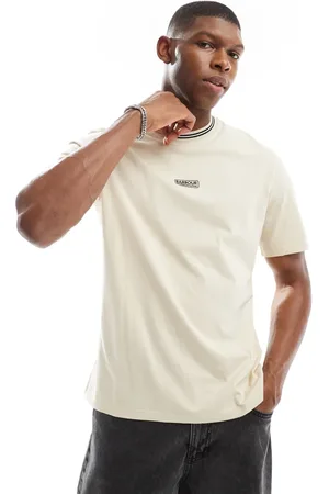 Barbour – T-Shirt in Steinbeige mit mittigem Logo und Zierstreifen