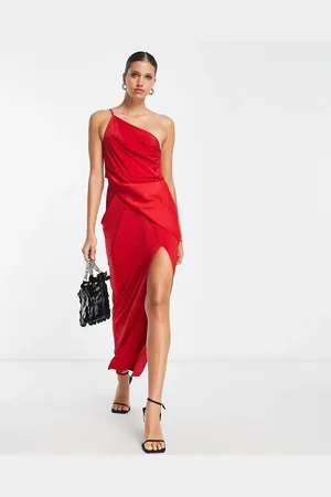 ASOS – Satin-Midikleid in mit One-Shoulder-Riemchenträger und Schlitz