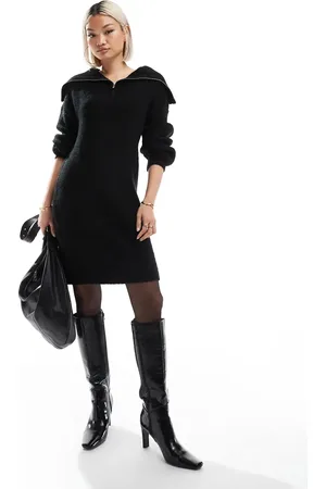French Connection – Mini-Strickkleid in Schwarz mit kurzem Reißverschluss