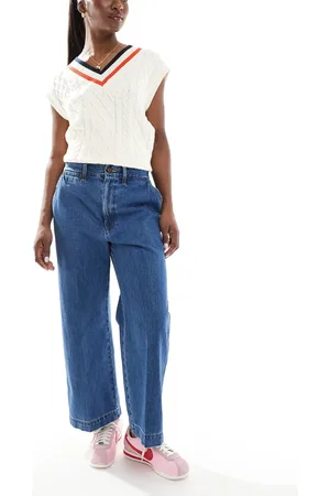 Ralph Lauren – Cropped-Jeans in Mittelblau mit hohem Bund und weitem Bein