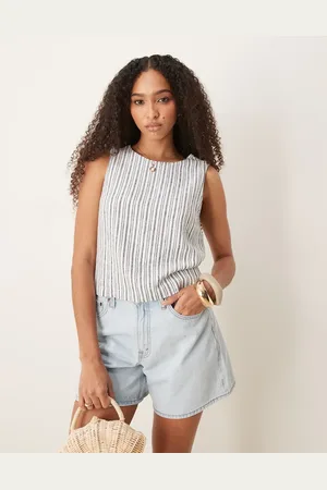 Abercrombie & Fitch – Leinen-Oberteil in Blau und Weiß gestreift mit Bindedetail hinten