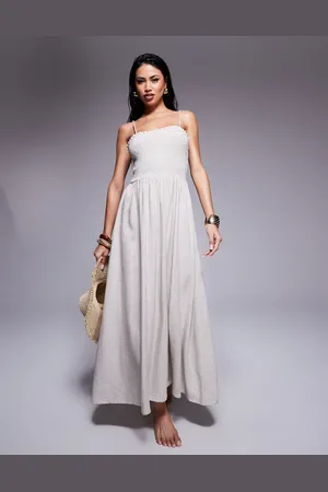 ASOS – Isabel – Gesmoktes, trägerloses Strandkleid aus Leinenmix in Natur