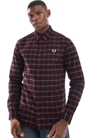 Fred Perry – Langärmliges Oxford-Hemd in Dunkelrot mit Schottenkaro