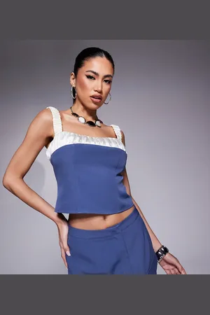 Kaiia – Exklusives, gerafftes Camisole-Oberteil aus Satin in Blau mit kontrastierendem Trägerdetail, Kombiteil