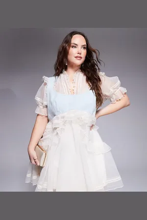 ASOS Curve – Organza-Minikleid in Creme mit Perlenverzierung und Einsatz an der Brust