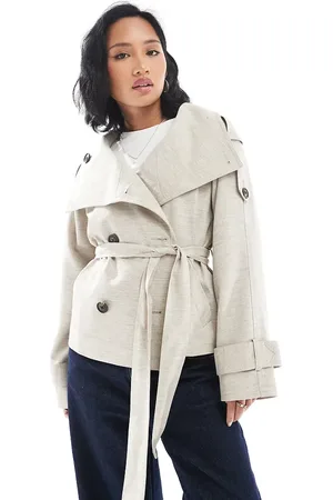 ASOS ASOS DESIGN Petite – Kurzer Trenchcoat in Leinenoptik in Steinbeige