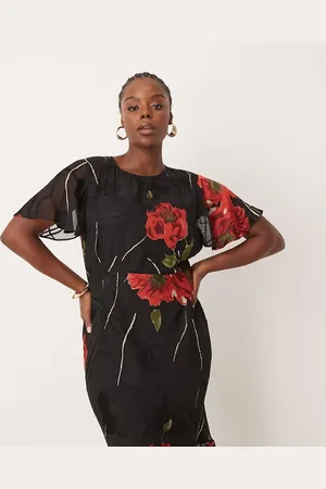 ASOS ASOS DESIGN Curve – Gestuftes Maxikleid mit Trompetenärmeln, Rüschen und plakativem floralem Ausbrennermuster