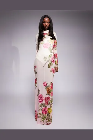 AFRM – Rowan – Hochgeschlossenes Netzstoff-Maxikleid mit fallendem Rosen-Print