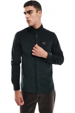 Fred Perry – Langärmliges Cord-Hemd in Dunkelgrün