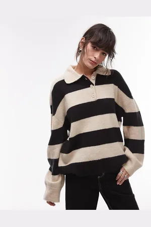 Topshop – Strick-Oberteil in Schwarz und Haferbeige mit Polokragen