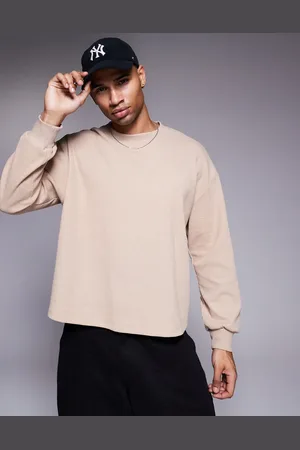 ASOS – Kastiges, langärmliges Oversize-T-Shirt in Beige mit Waffelstruktur