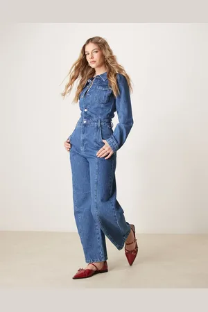 ASOS – Langärmliger Denim-Jumpsuit in Indigoblau mit abgerundetem Beinschnitt
