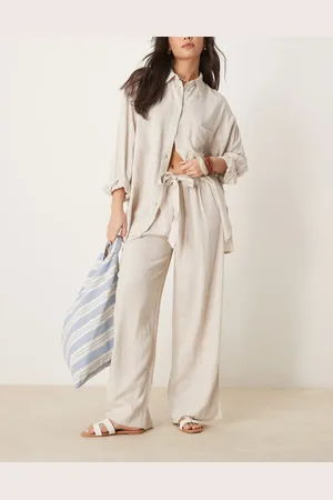 ASOS – Isabel – Mix and Match – Strandhose aus Leinenmix mit Bindegürtel in Natur